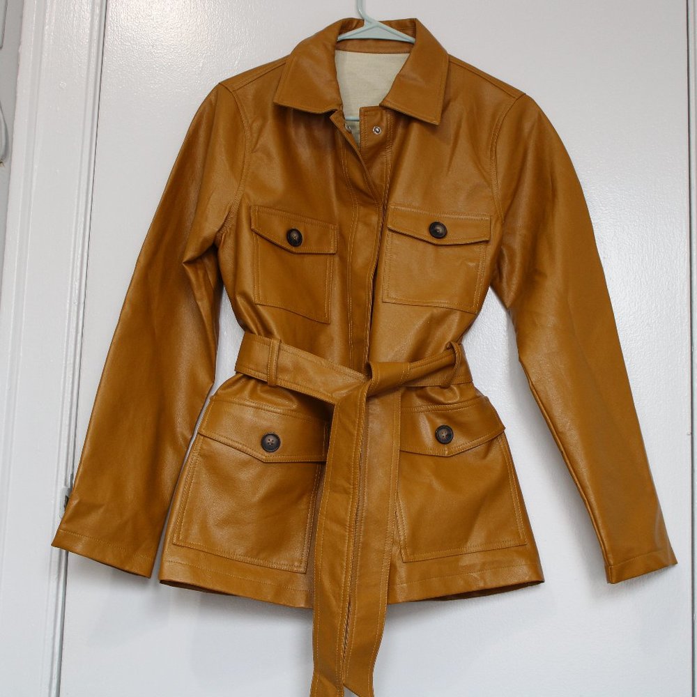 D&M Utility Pocket Belted PU Leather Coat